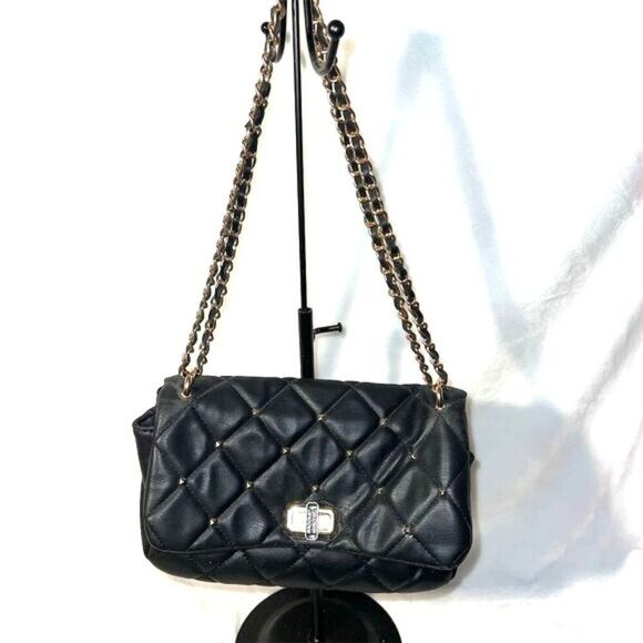 Badgley Mischka Black Quilted Studded Shoulder Bag Gold Chain Strap - Picture 1 of 16